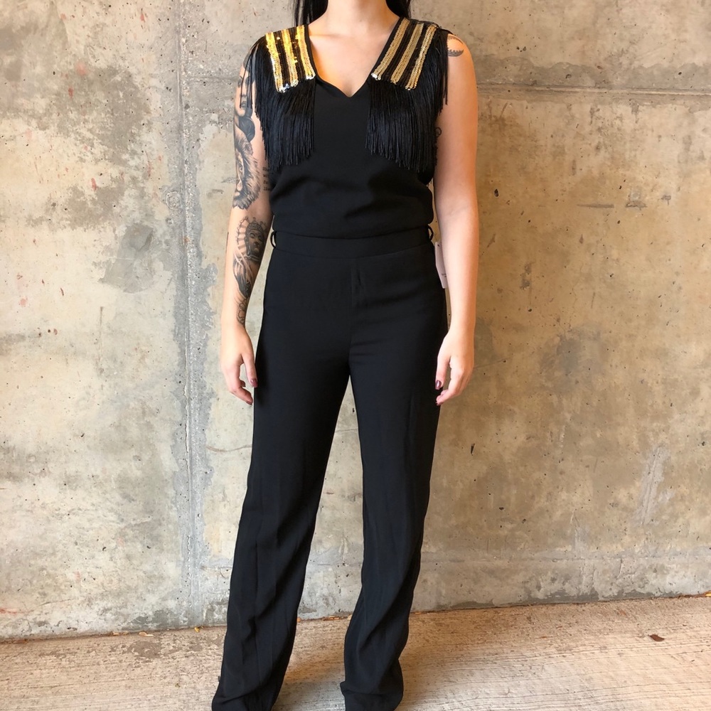 One piece black suit pant leg w fringes NWT